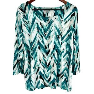 JM Collection Sz XL Super Stretchy Teal Green White Blouse Shirt Top